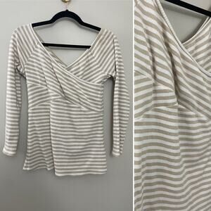 Anthropologie Deletta Minimalist Neutral Beige‎ Stripped Rib Knit Wrap Top M